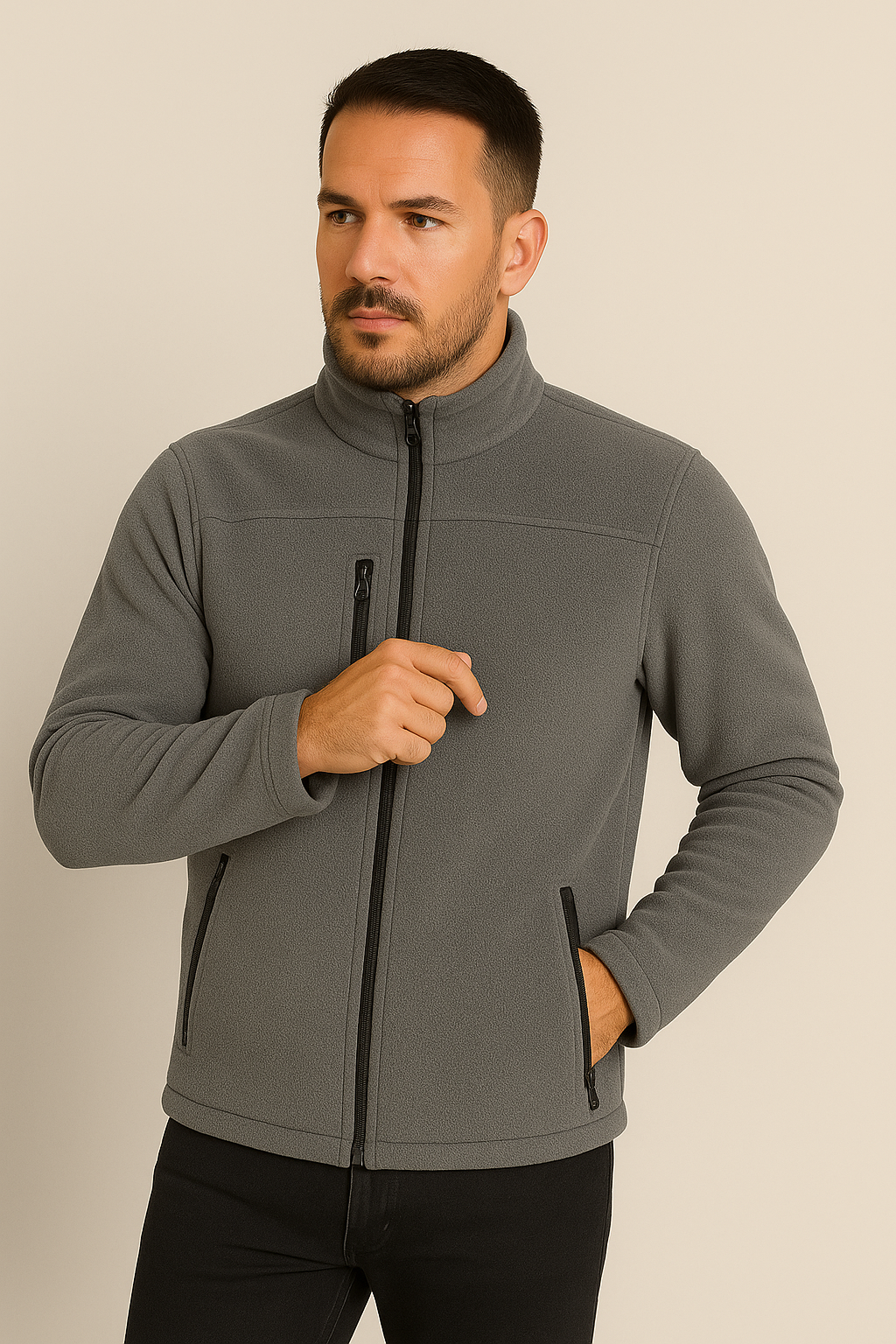 Unisex Fermuarlı Cepli Dik Yaka Polar