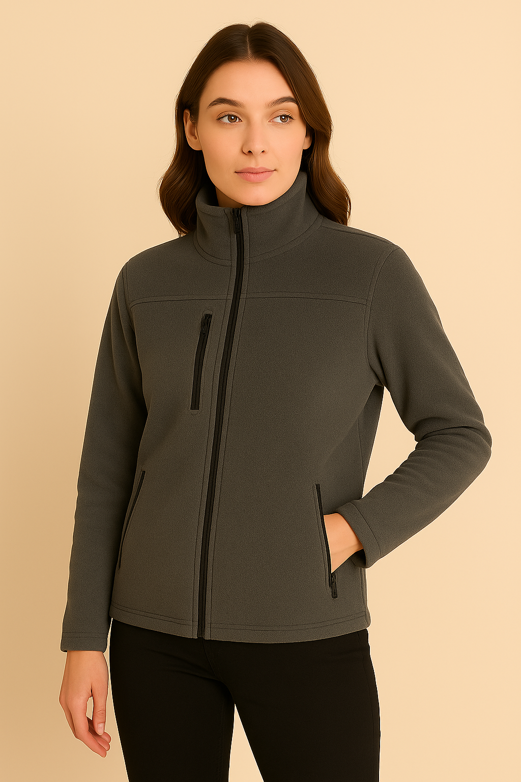 Unisex Fermuarlı Cepli Dik Yaka Polar