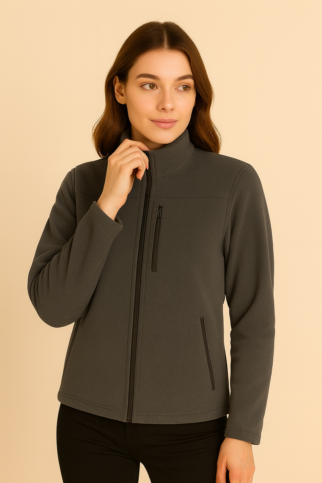Unisex Fermuarlı Cepli Dik Yaka Polar